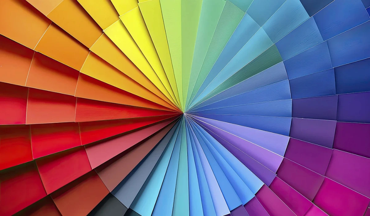 Vibrant colour wheel of paper swatches illustrating colour theory in marketing