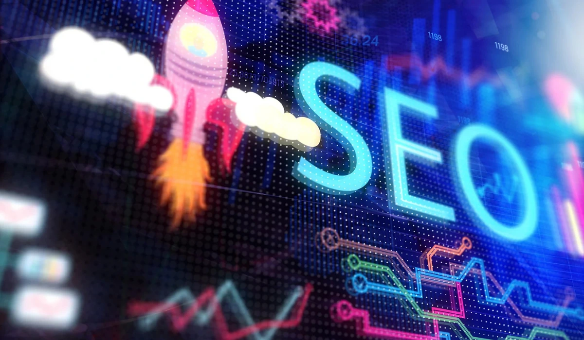 Bold SEO lettering with digital marketing graphics and data visualisations