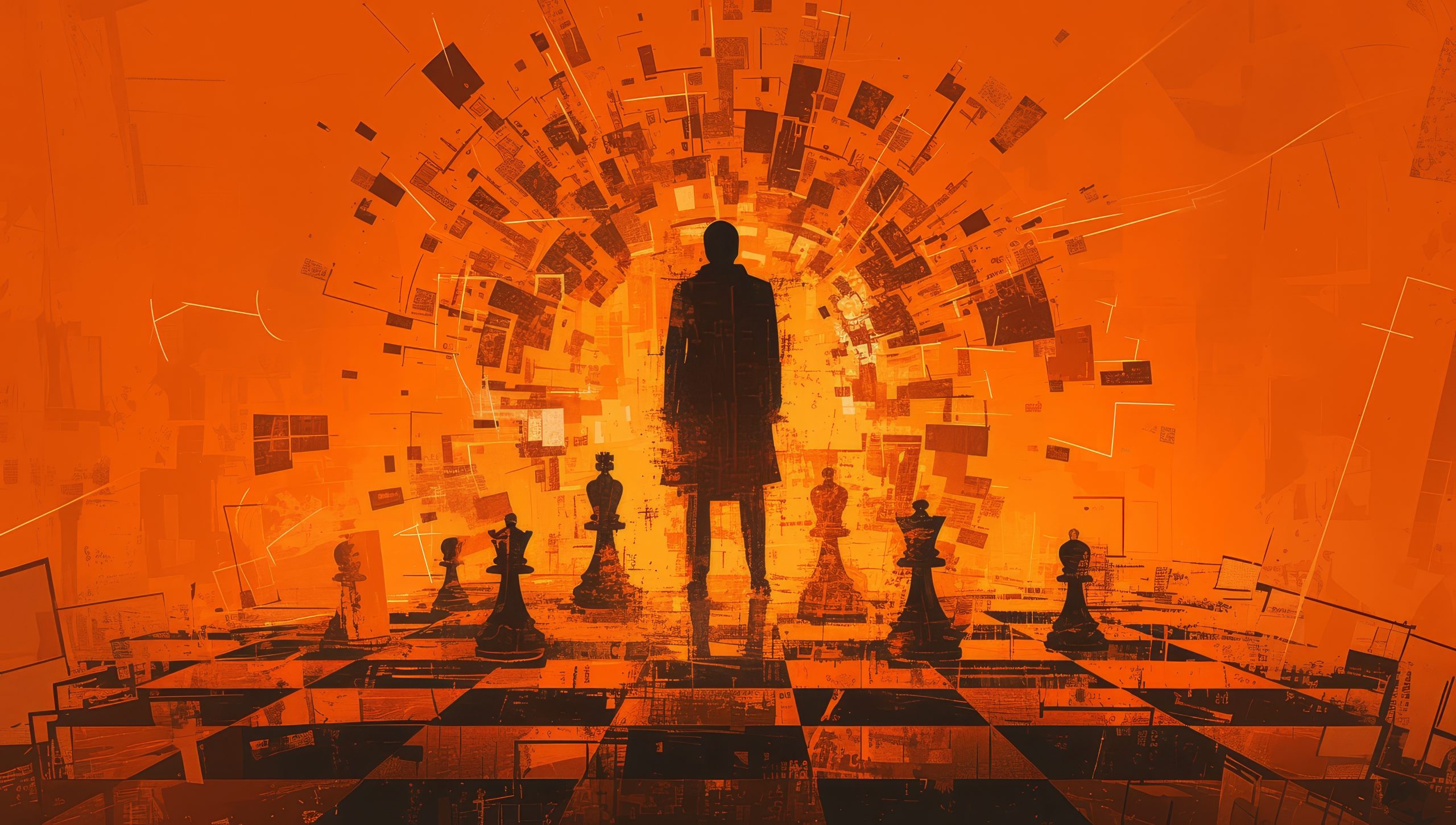 business man standing on chess board looking into the distance