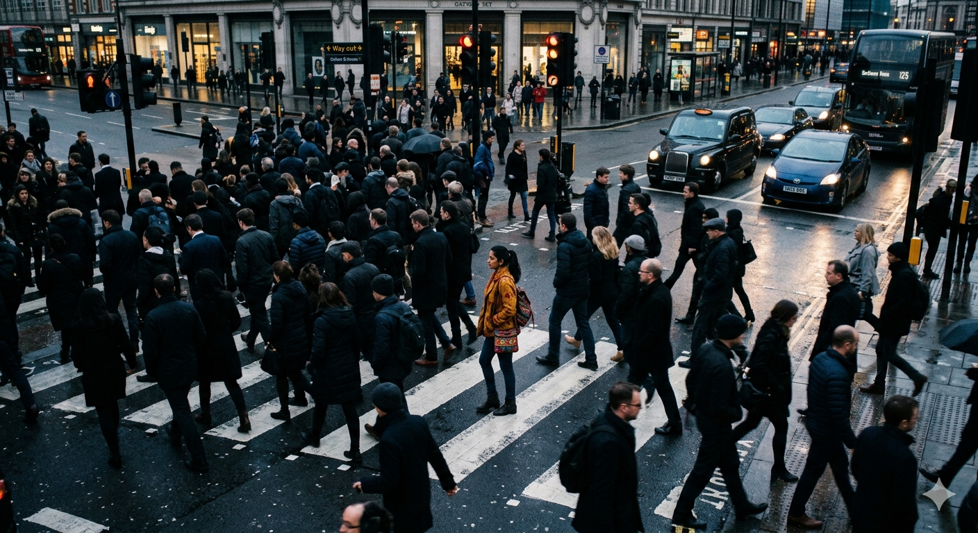 Woman in crowded road crossing standing out from the crowd
