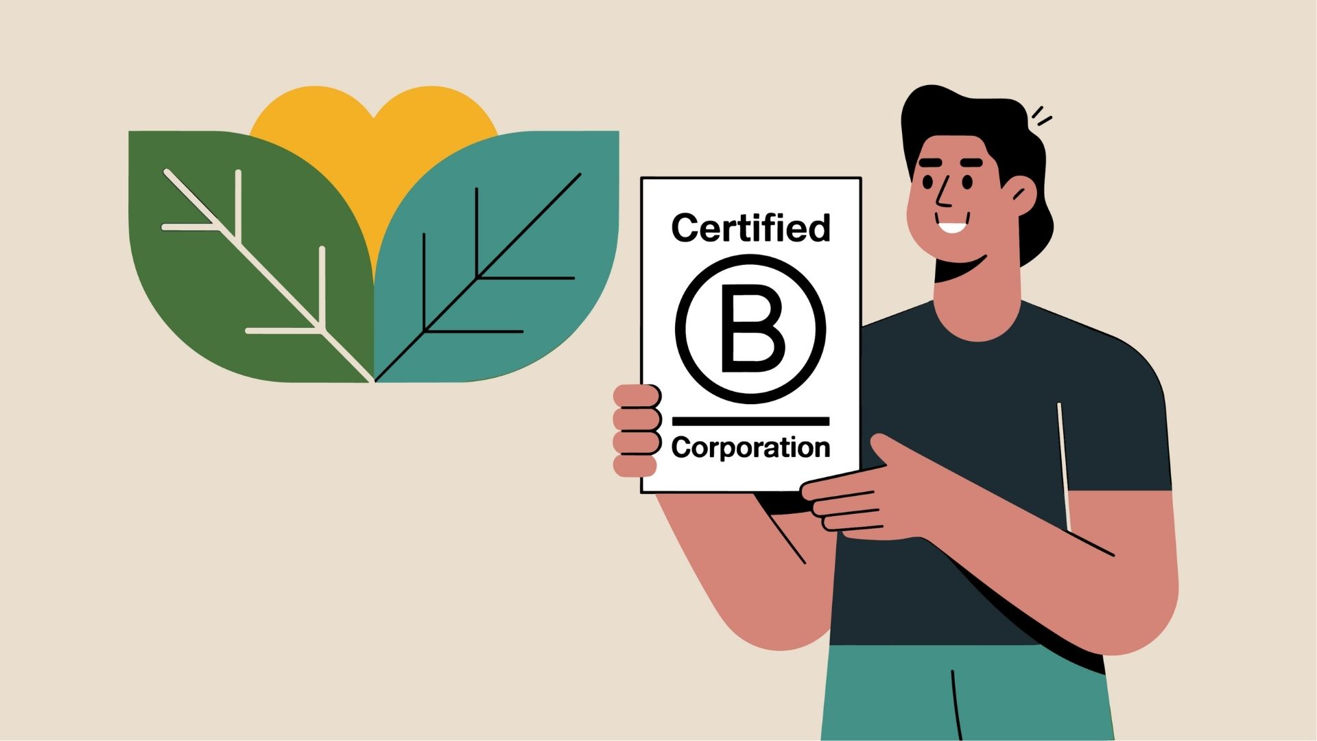 Illustration of a person holding a Certified B Corporation logo.