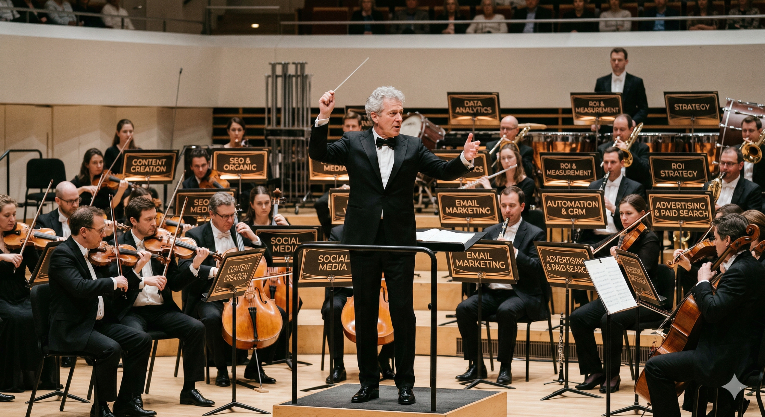 orchestra with the conductor and people each representing different parts of marketing