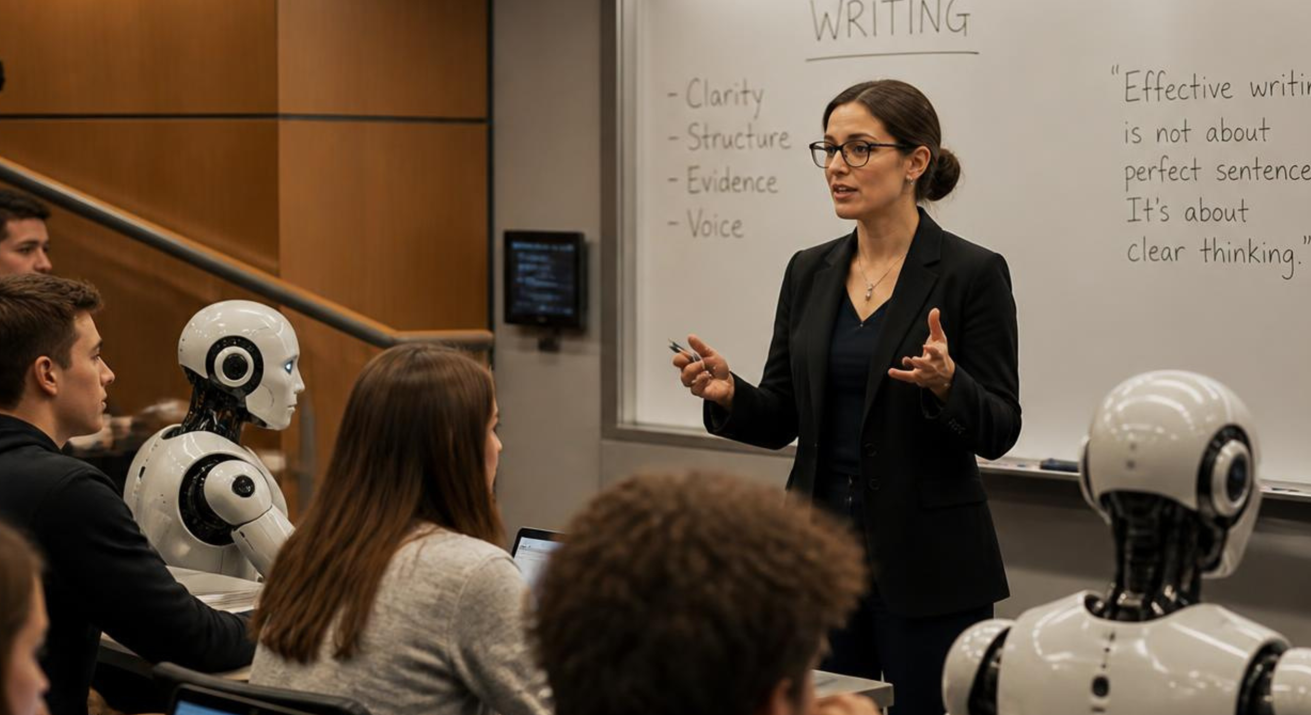woman teaching writing to both robots and humans